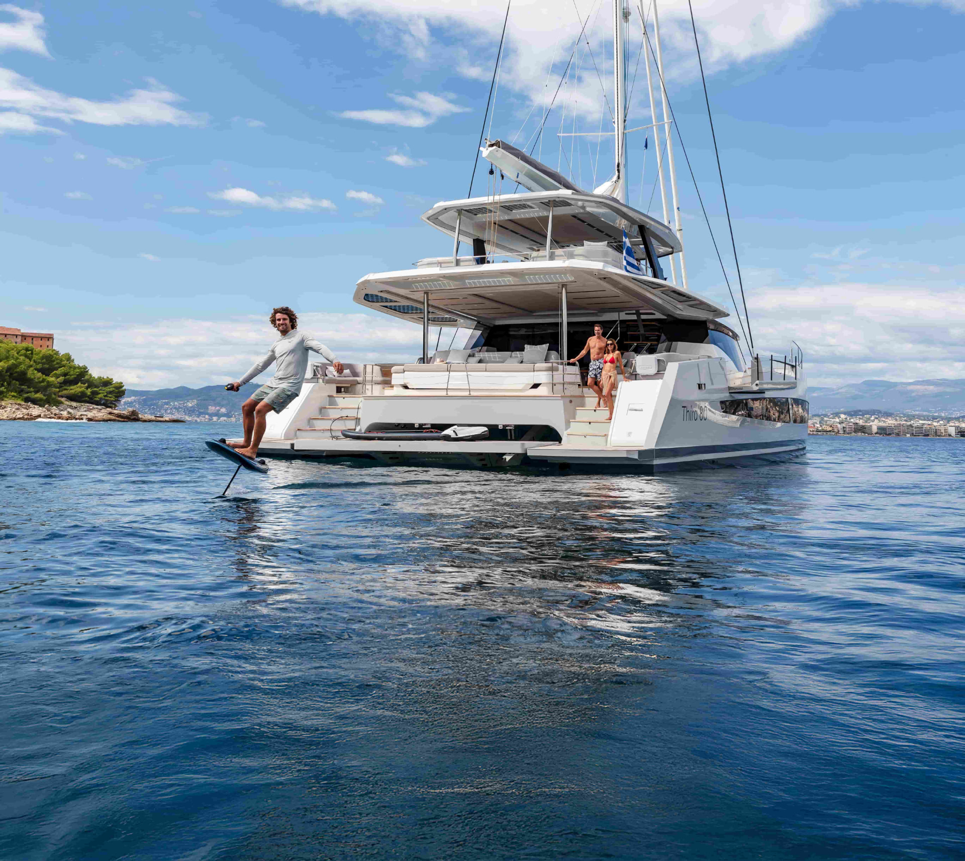 Large sailing catamaran under way on open water